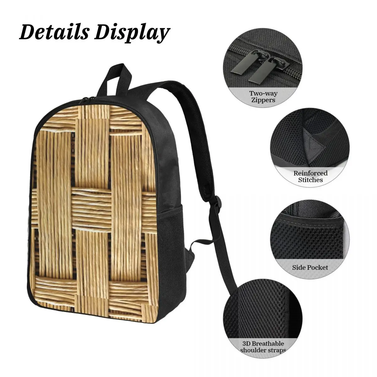 مضفر الروطان الخشب الخوص على ظهره بنين بنات BookBag حقيبة مدرسية حقائب كتف الكمبيوتر 3ps معزول حقيبة الغداء مقلمة #3