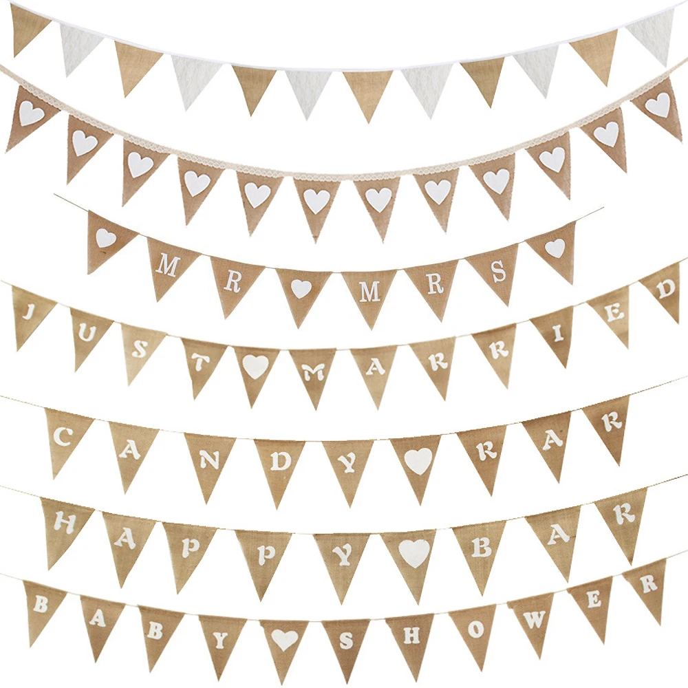 Jute Fabric Burlap Bunting Banners Rustic Just Married Mr Mrs Wedding Banner Garland Candy Bar Party Flags Vintage Wedding Decor