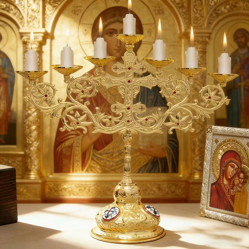 Neuer 2026 Eleganter Vergoldeter Orthodoxer Siebenarmiger Kerzenleuchter mit Roten Akzenten für Gottesdienste und Heimische Andachtsräume – Detail 5