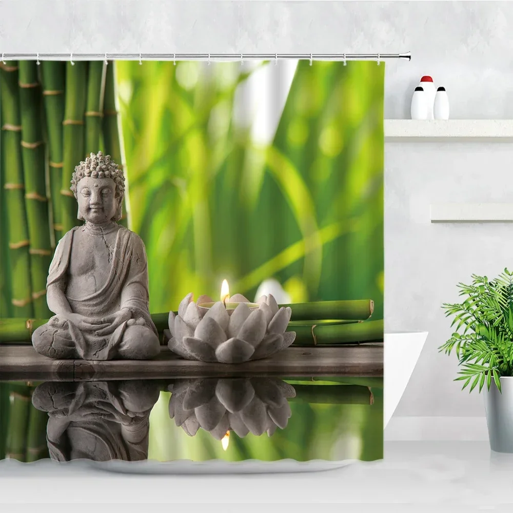 Zen Green Bamboo Shower Curtains Stone Buddha Lotus Candle Asian Japanese Spa Garden Scenery Bath Curtain Fabric Bathroom Decor