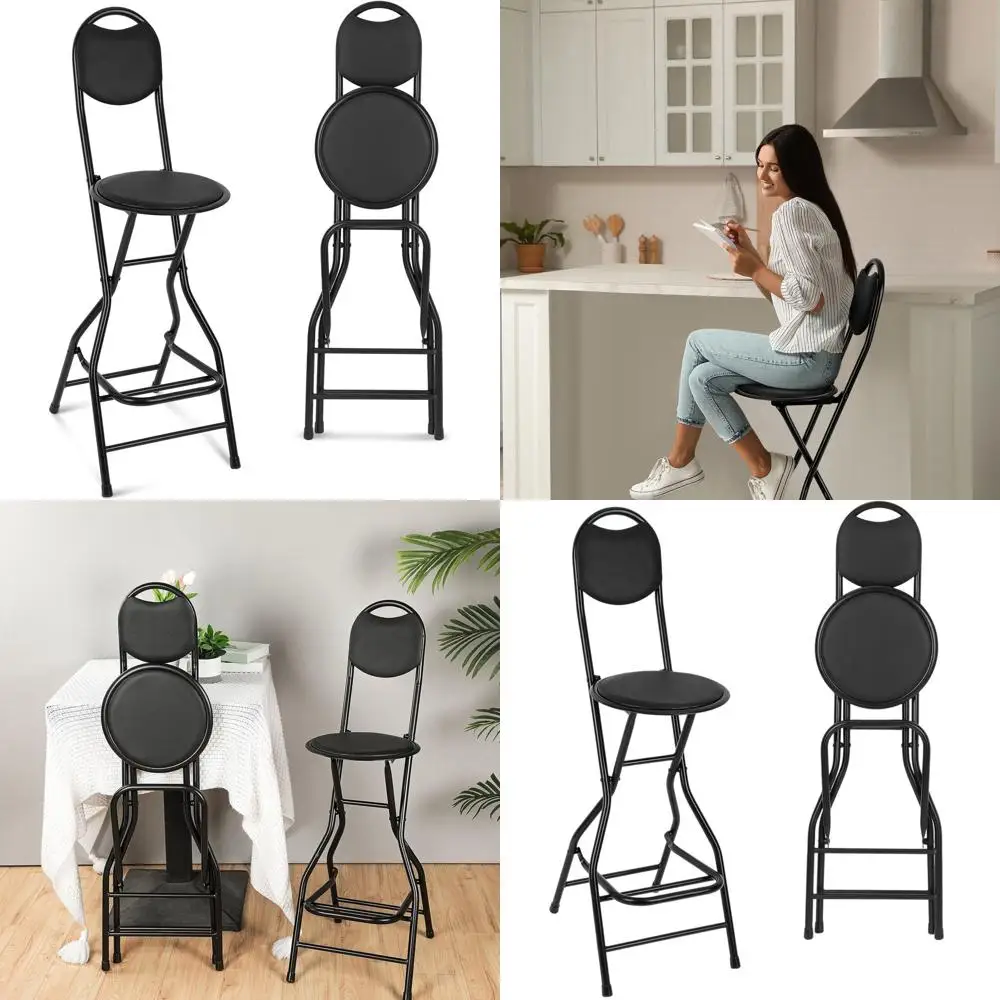 Sgabello da bar pieghevole imbottito in pelle, altezza 26 posti, sedia pieghevole portatile per uso interno/esterno, nero