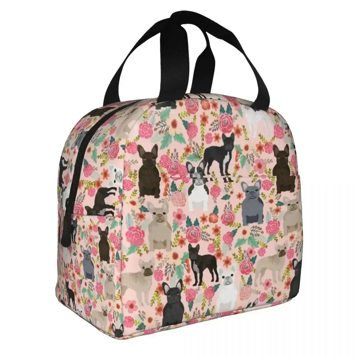 

Frenchies Dog French Bulldog Florals Print Lunch Bag Insulated Thermal Cooler Lunch Box For Women Kids School Work Food Bags