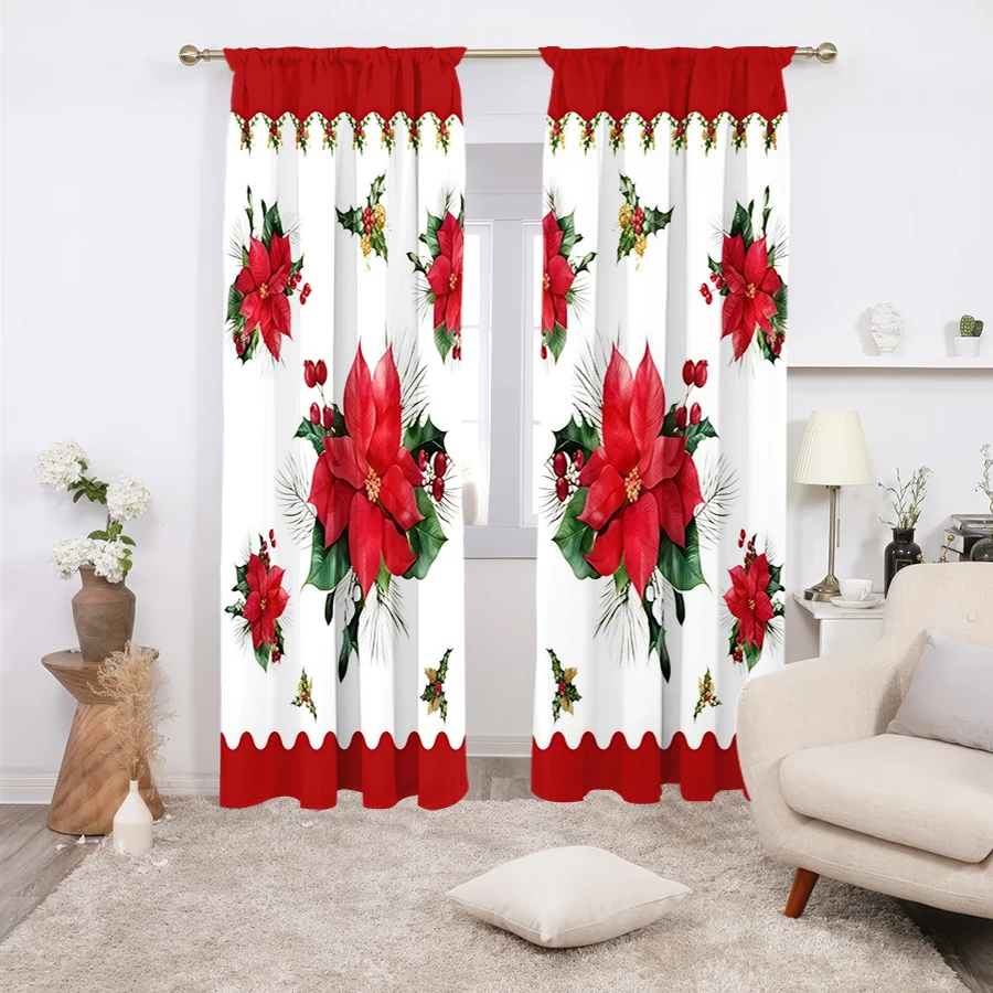 2PCS Christmas Red Flower Curtains, Poinsettia Holiday Print, Winter Festive Window Drapes for Living Room Bedroom Home Decor