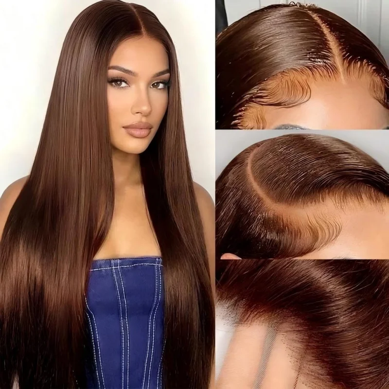 26 Inch Chocolate Brown Straight 13×4 Lace Front Wig, Pre-Plucked Natural Hairline, Silky Smooth Fiber, Multi-Angle Actual Shoot