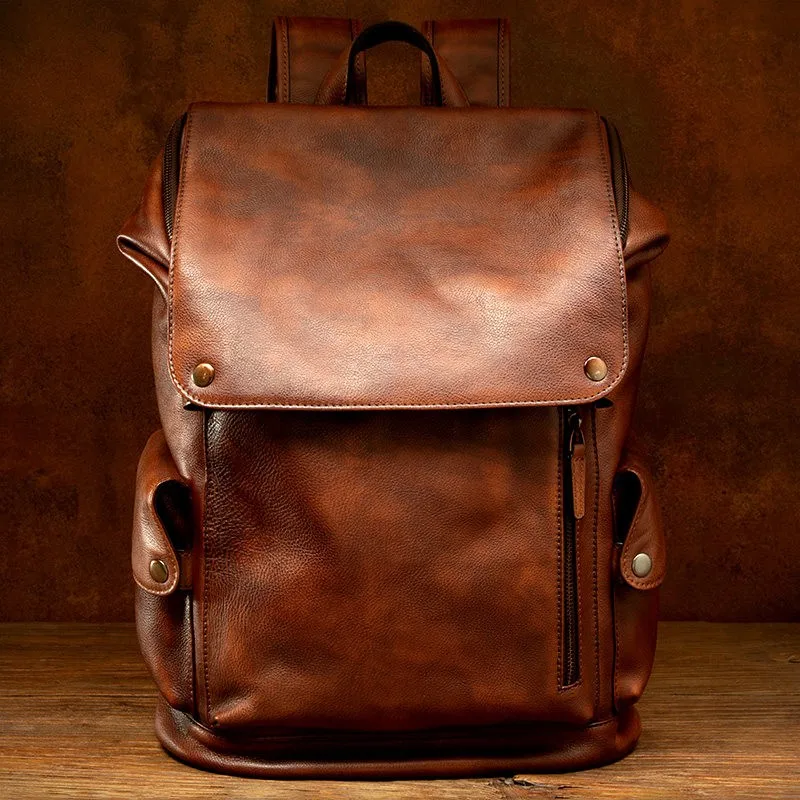 

Retro Tide Handmade Vegetable Tanned Leather Backpack Leisure First Layer Unisex Travel Computer Bag for Men And Women