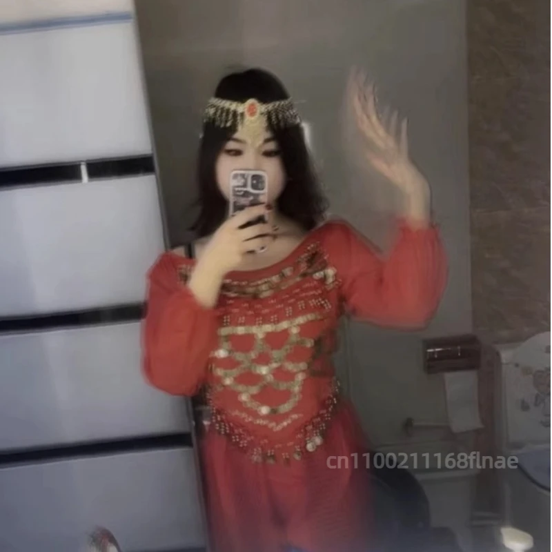 Arabische prinses kostuumset, dames top met lovertjes + broek kostuumset, dames oosterse Indiase dans volwassen glanzende buikdansset