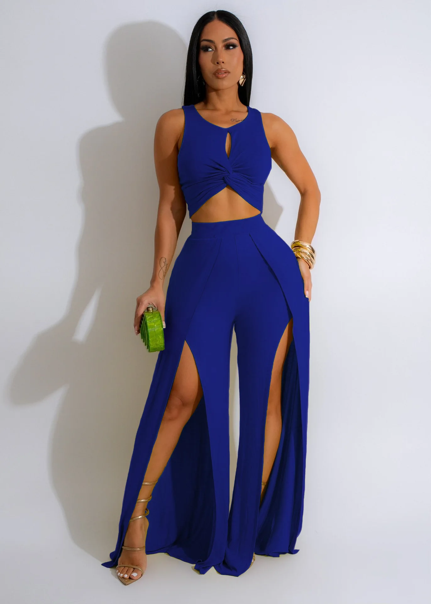 Tw468 European and American Ebay Fashion Casual Suit Slit Vest Wide-Leg Pants Two-Piece Set for Women Cross-Border Amazon Goods