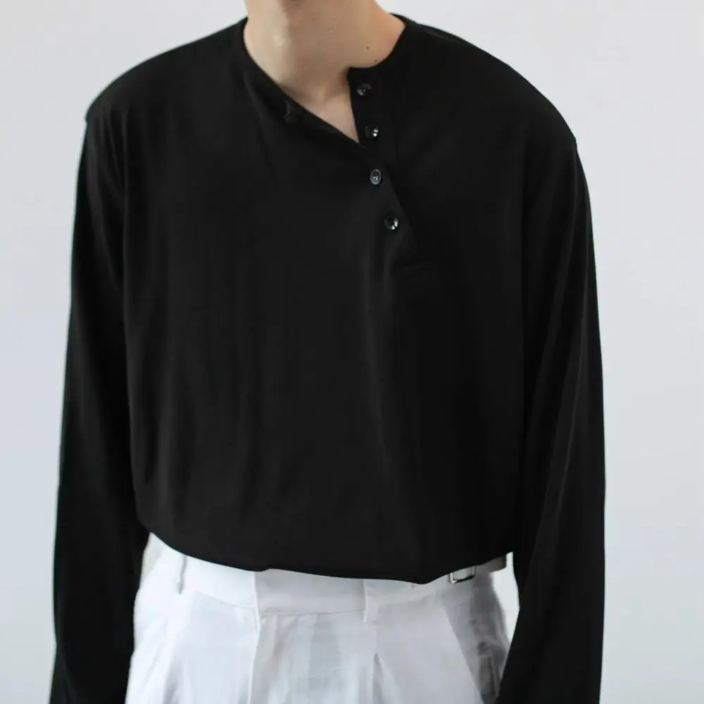 Korean Version Simple Cold Style Neckline Slanted Button Long Sleeve T-shirt Men's Spring Autumn Thin Style Ins Round Neck Top