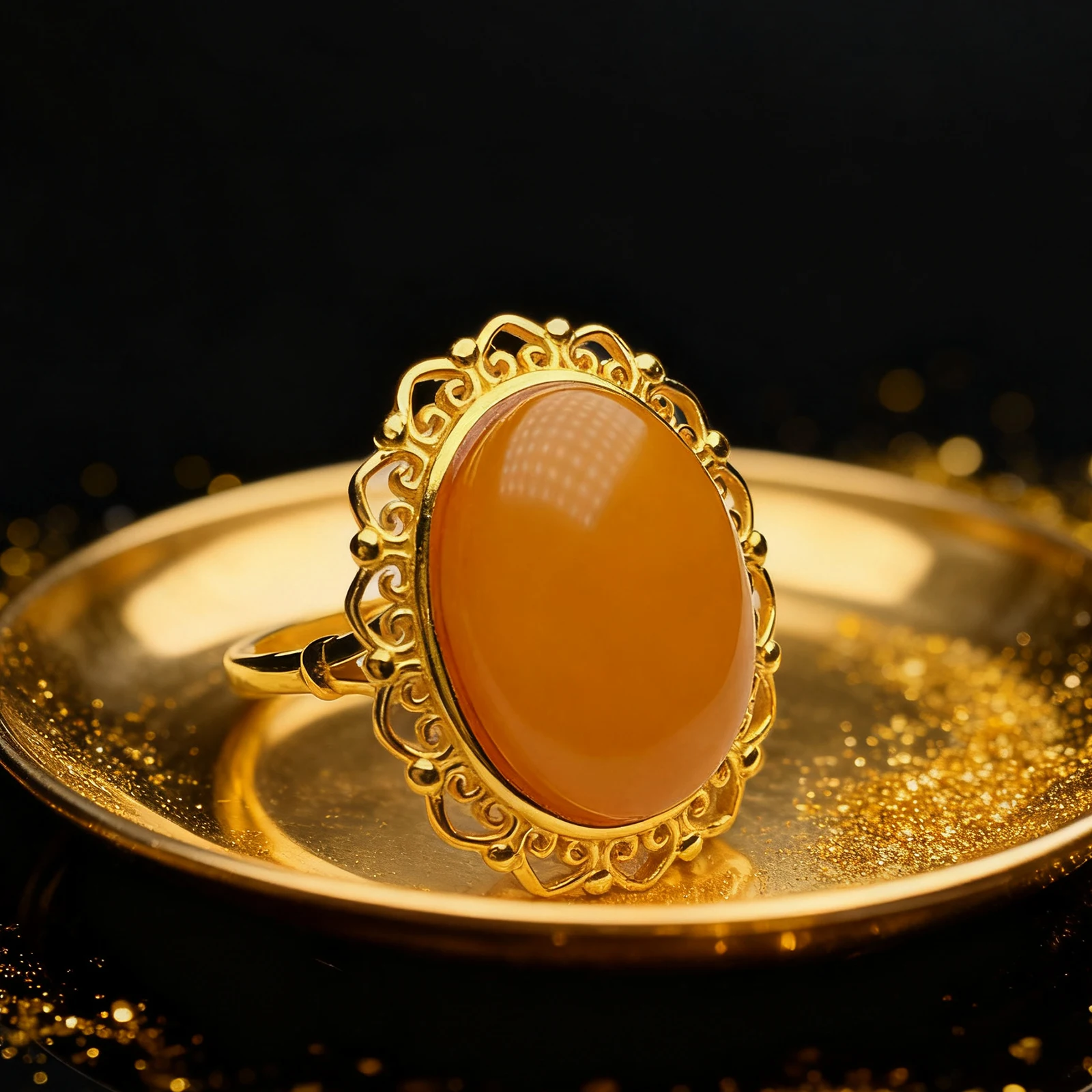 

Women's Silver Amber Ring 13mm Oval Rose Gold Plated Floral Edge Inlaid Natural Baltic Amber Gift for Her Valentine Love Jewelry