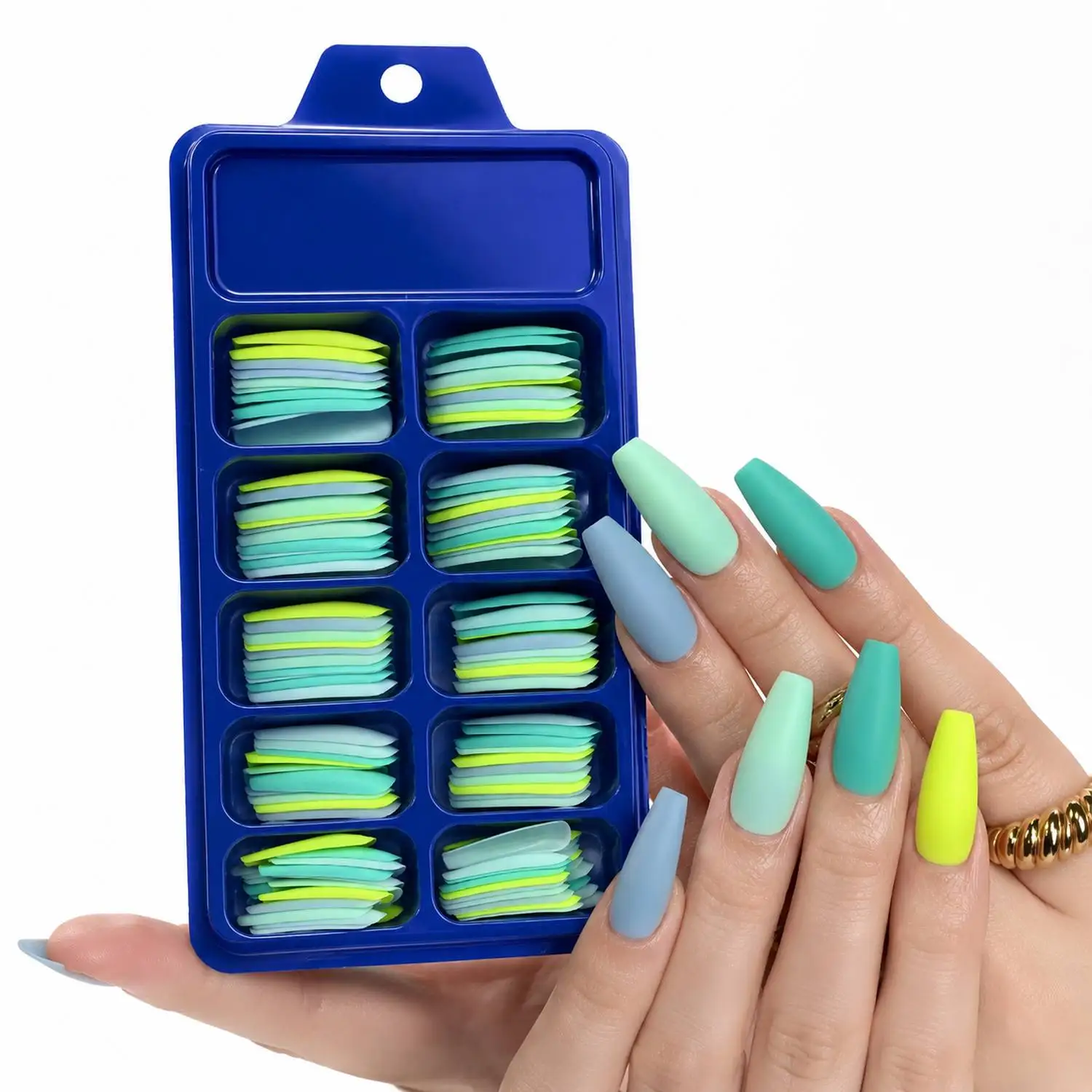 1Box Green Blue Ombre Long Trapezoid Press On Nail Green Blue Long Trapezoid Fake Nail Fresh Style Long Trapezoid False Nail