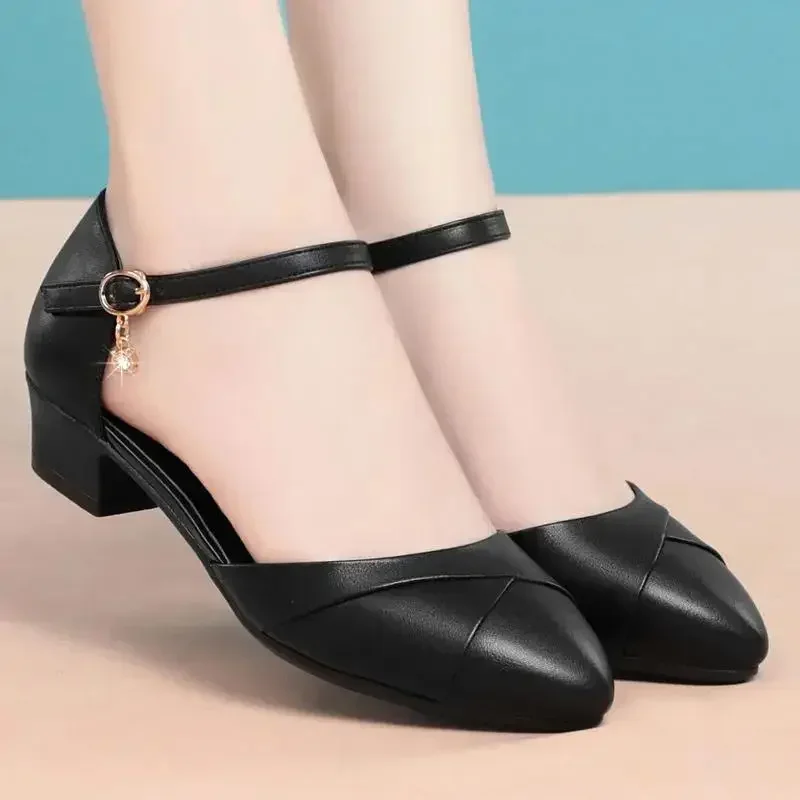 Soft Leather Thick Med Heels Pumps Mom\'s Shoes Summer New Buckle Strap Cover Head Sandal Soft Sole Hollow Office Career Shoe