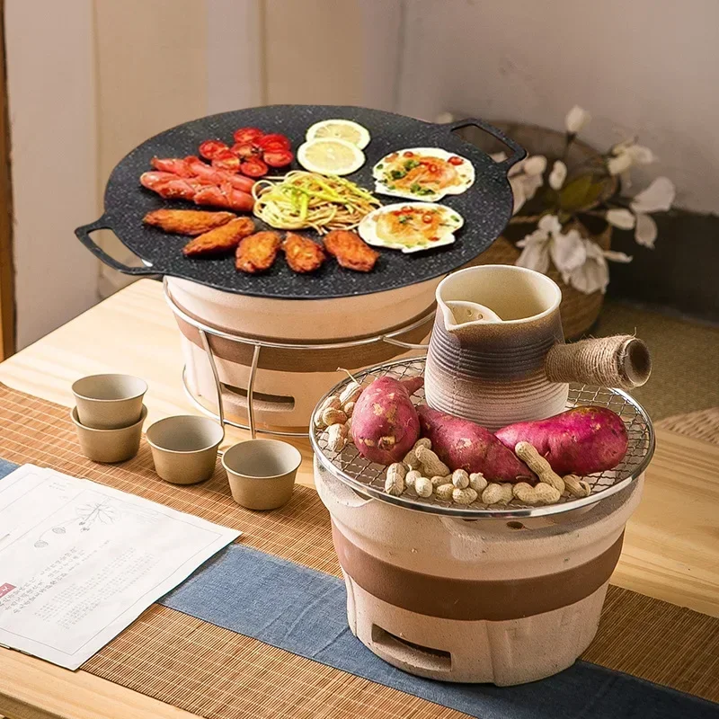 Traditional Clay Multifunction BBQ Grill Charcoal Stove for Home And Outdoor Cooking with Tea Pot