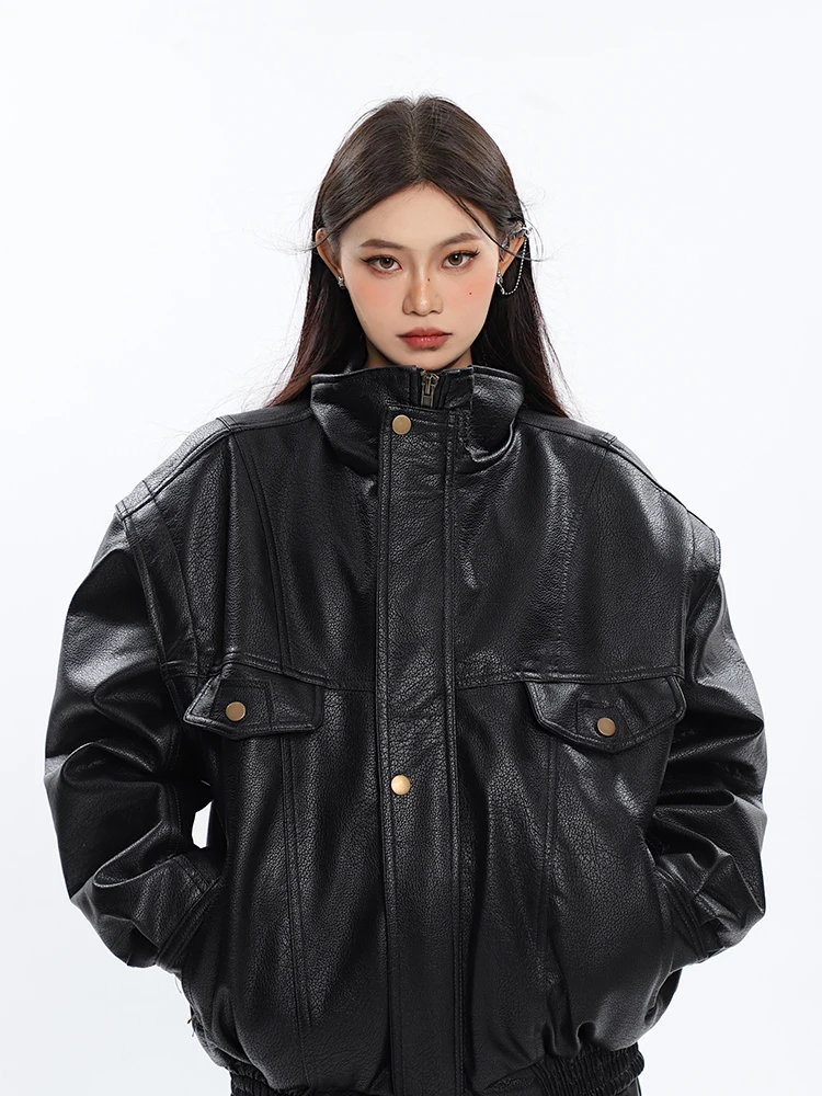 SHENGPALAE Black Coat Fashion Design Sense Niche High-end Jacket Leather Motorcycle Overcoat Women 2024 Spring New Clothing 2261