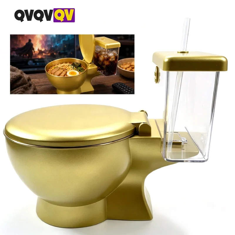  1PCS Toilet Ramen Bowl Set, 2-in-1 Novelty Noodle Bowl with Drink Cup, Gold Reusable Clear Straw, Removable Inner Basin