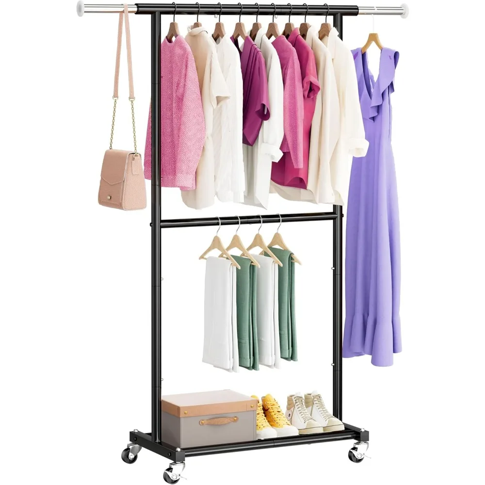 

Double Rod 50in Long Clothes Garment Rack, Rolling Clothing Organizer on Wheels with Adjustable Rod and Wire Storage Shelf