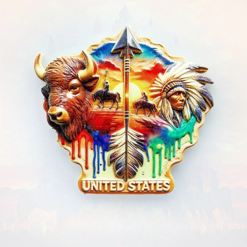 Imán de nevera de diseño nativo estadounidense - Icónico bisonte y guerrero en 3D, recuerdo único de la herencia occidental, regalo para viajes y decoración rústica del hogar
