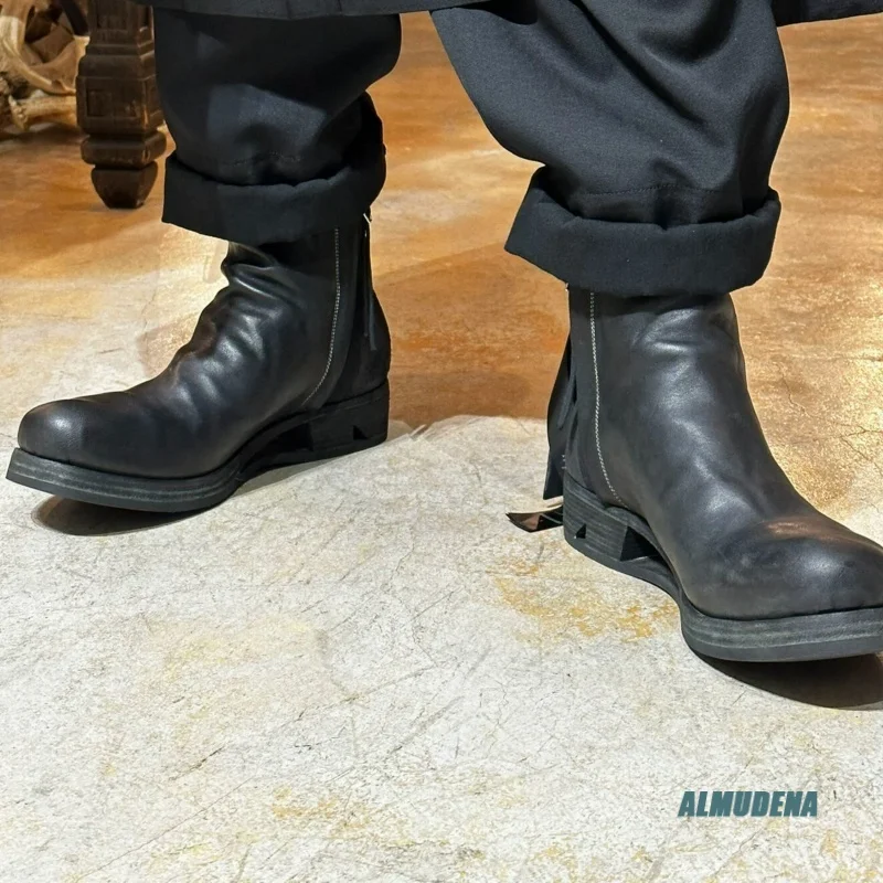 Black Men's Side-Zip Ruffled Chelsea Ankle Boots Round Toe Low Heel Street Style Urban Edgy Minimalist Casual Fashion Shoes