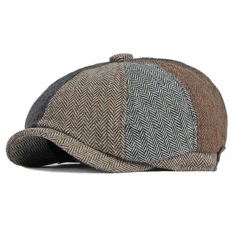 Casual Newsboy Caps Men Spring Autumn Octagonal Hat Man Beret Tweed Herringbone Flat Cap Retro Patchwork Eight Blade Hat gorras