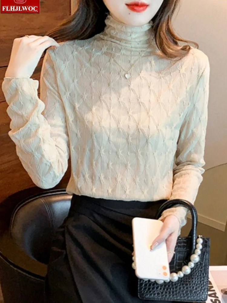 الشتاء الدافئة أساسيات قميص الياقة المدورة قمم البلوزات جديد أزياء المرأة الفرنسية تصميم شيك كوريا نمط كم طويل المخملية داخل أعلى