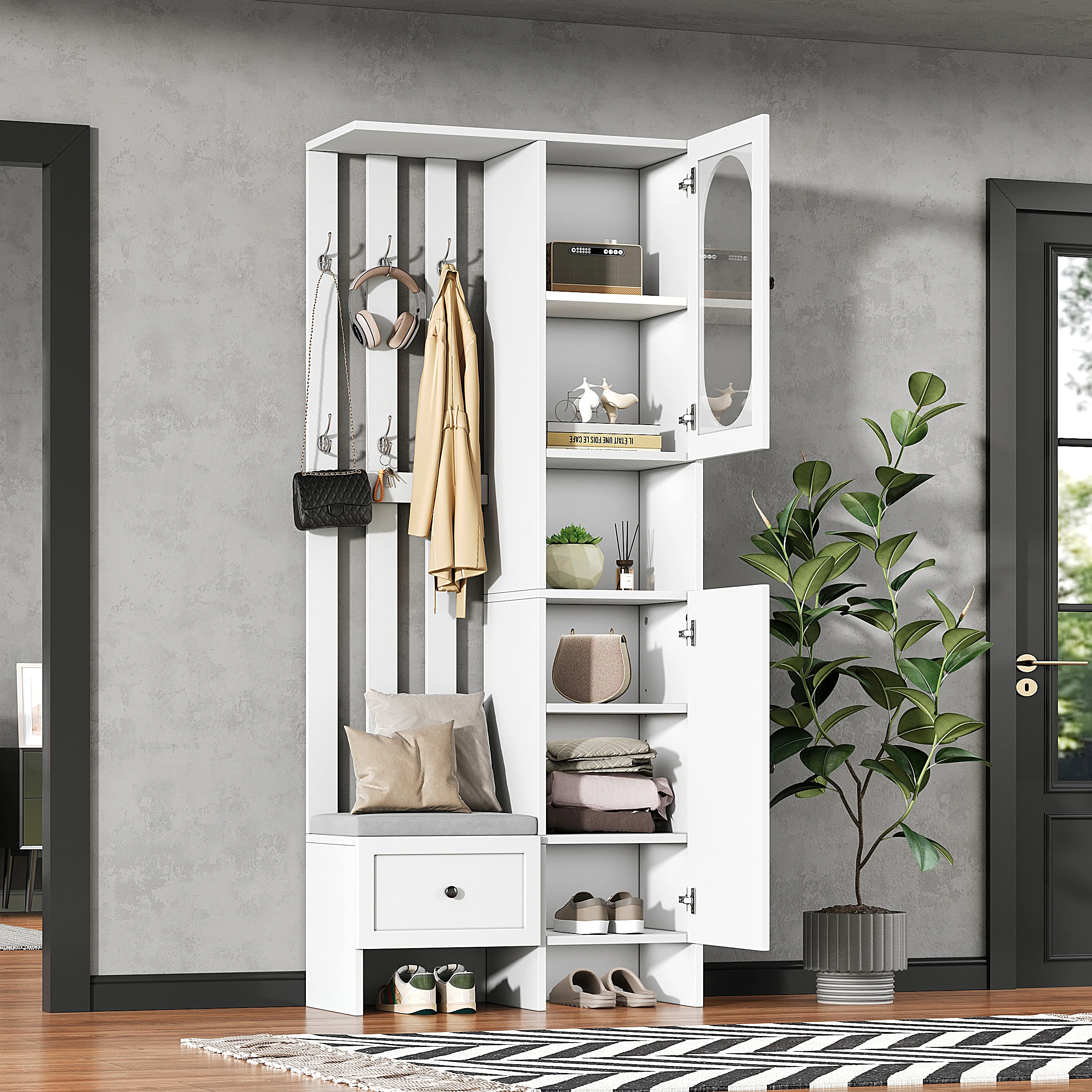 Meuble d'entrée - Vestiaire d'entrée 85x33.5x200 cm avec 2 armoires, 1 tiroir et 10 compartiments, banc avec matelas, blanc, bois et verre trempé