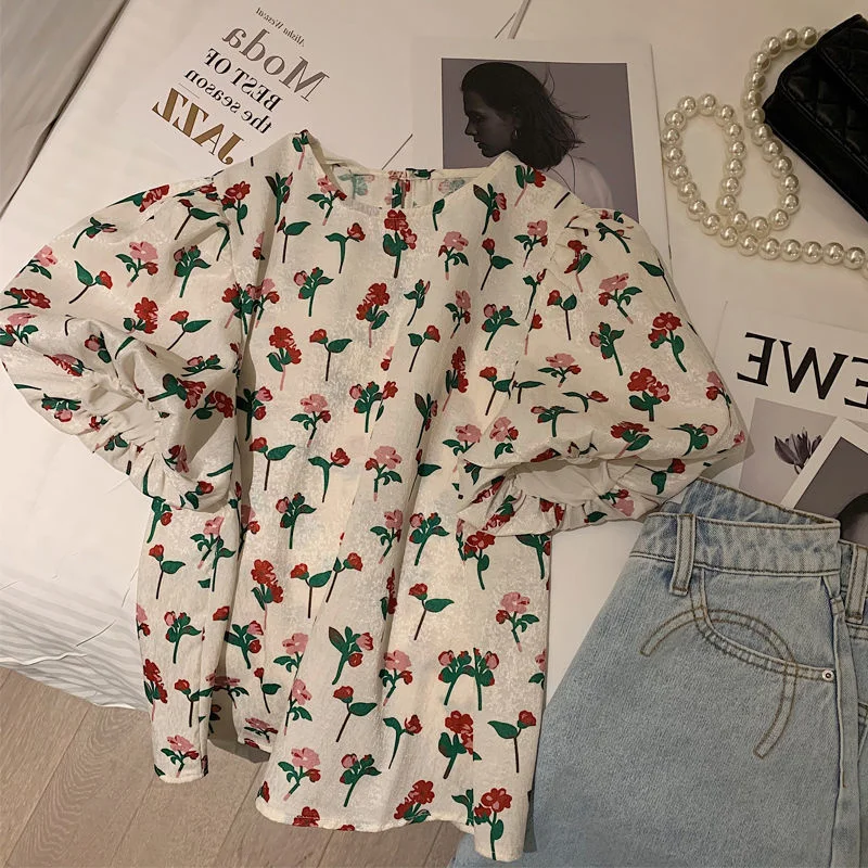 

Extra Large Size Summer Floral Print Bubble Sleeve Loose Shirt Women's Fashionable Top Comfortable Korean Style Casual Blouse
