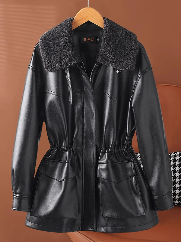 Echte Daunen-Lederjacke für Damen, mittellanger Mantel mit Kordelzug an der Taille, lässiger, langärmliger Schaffellmantel