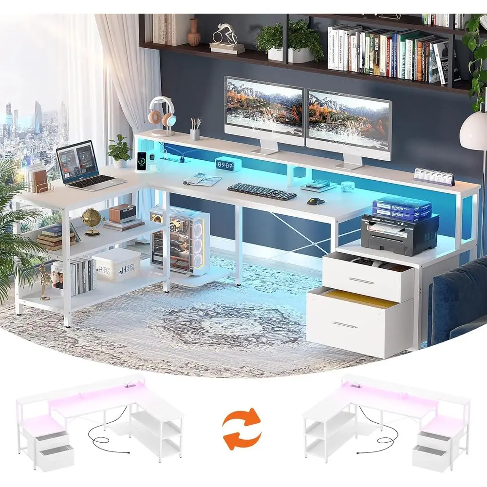 L Shaped Desk with Power Outlet, Reversible L Shaped Computer Desk with ile Der & Monitor Stand, Gaming Desks with LED Strip, Ho