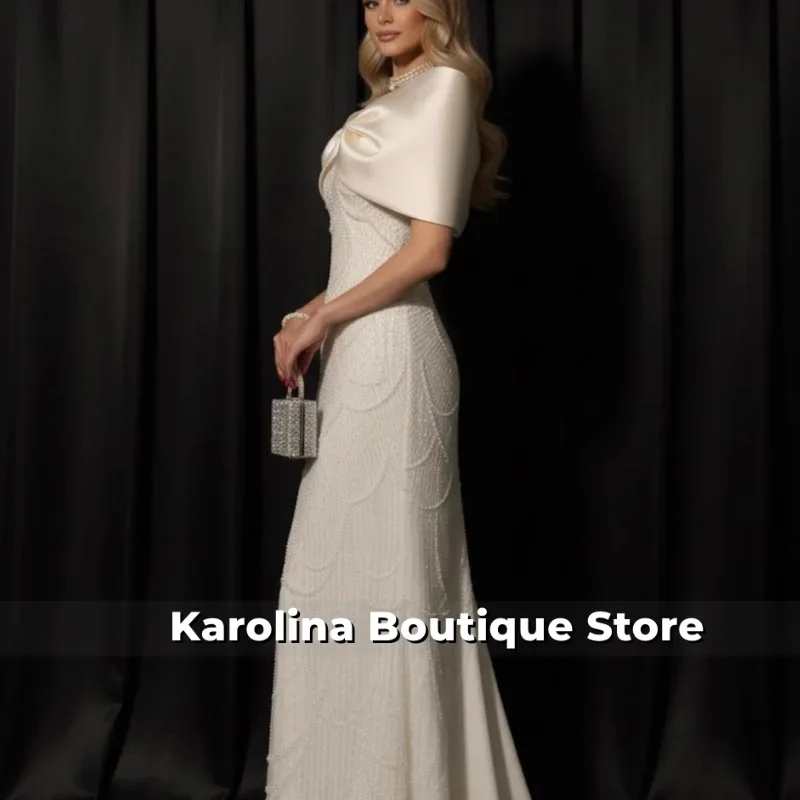 Customized White Beading Pearls robes de soirée Shawl Sleeveless Party Dresses Floor-Length Trailing A-line Prom Dress