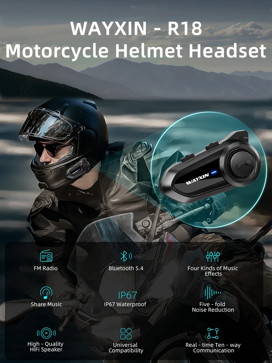 WAYXIN R18 Motorradhelm-Headset Bluetooth Intercom 10 Fahrer Motorrad-Gegensprechanlage Kommunikator Wasserdicht FM-Radio BT5.2