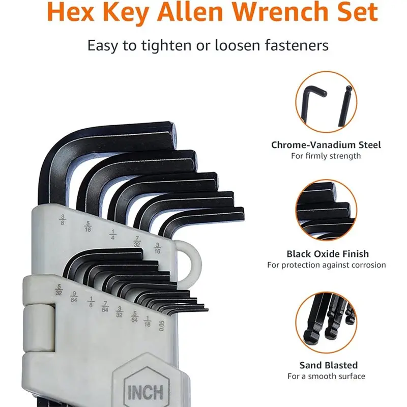

【ELECTRONIC-ACCESSORIES】Chrome Steel 1Set/26Pcs Basics Hex Key Allen Wrench- Long , Ball End, Metric& Standard Sizes Included