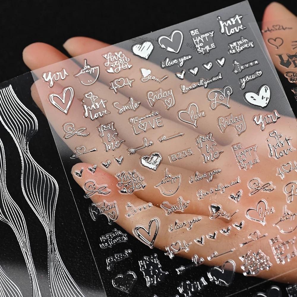 1Pcs Laser Gold/Silver Love/Letter 3D Nail Stickers Valentine's Day Holographic Black/White Heart Slider Adhesive Manicure Decal image 5