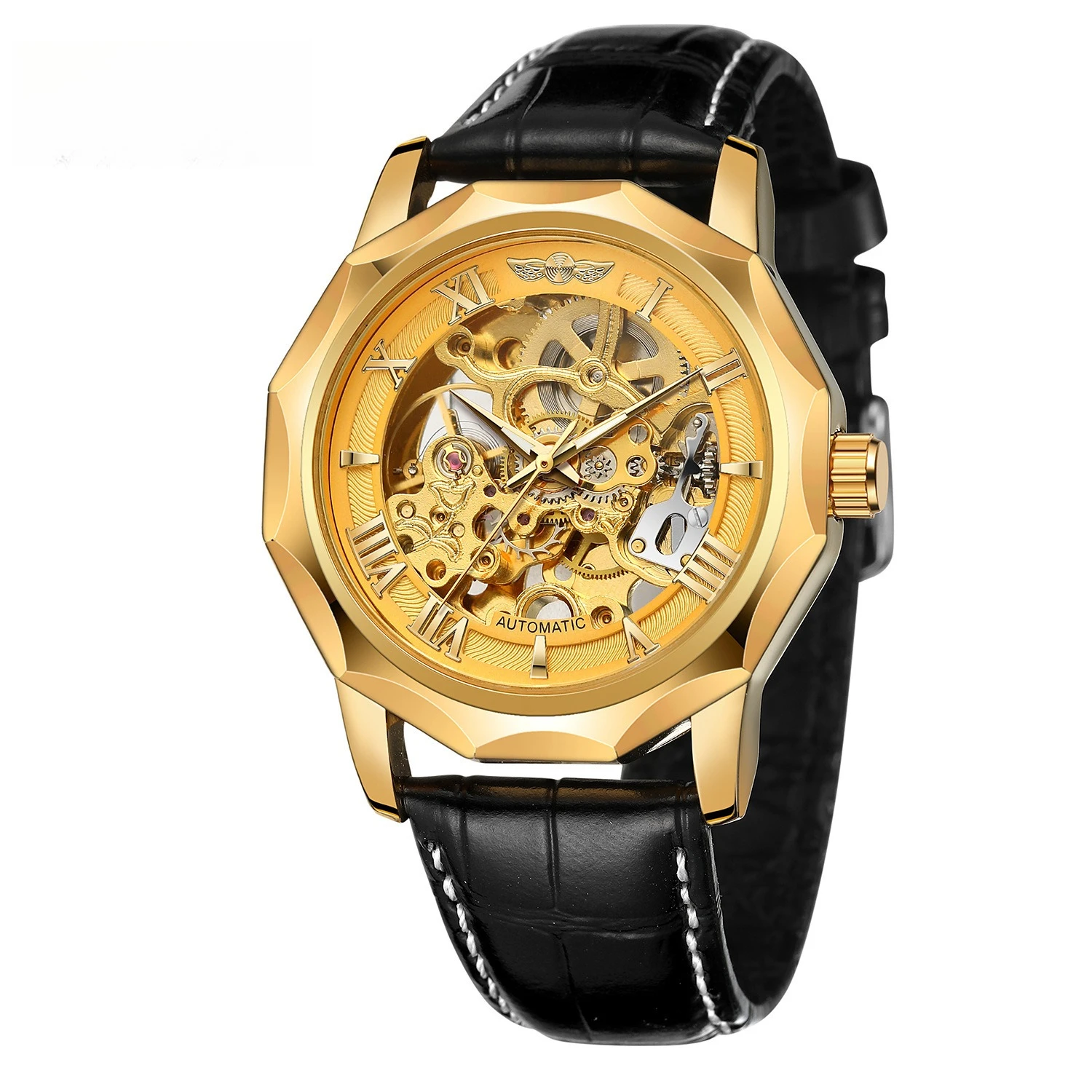 Men Octagon Skeleton Mechanical Watch, Blue Luminous Markers Black Leather Strap Sport Wristwatch