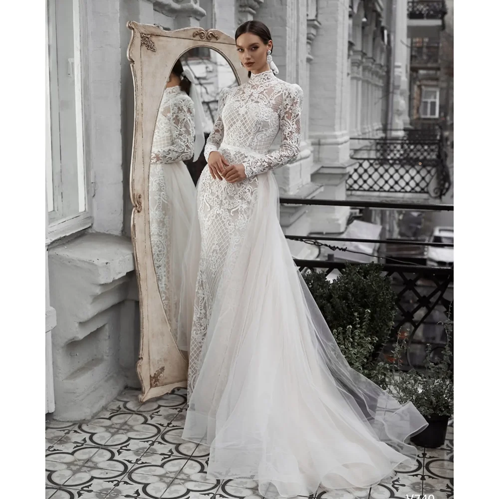 Gorgeous Mermaid Wedding Dresses High Collar Criss-Cross Appliques Lace Bridal Gowns with Detachable Train Vestidos De Novia