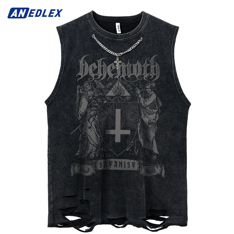 

Men Ripped Washed Tank Top Streetwear Hip Hop Graphic Print Cross Necklace Vest 2022 Summer Sleeveless Cotton Sports Vest Unisex