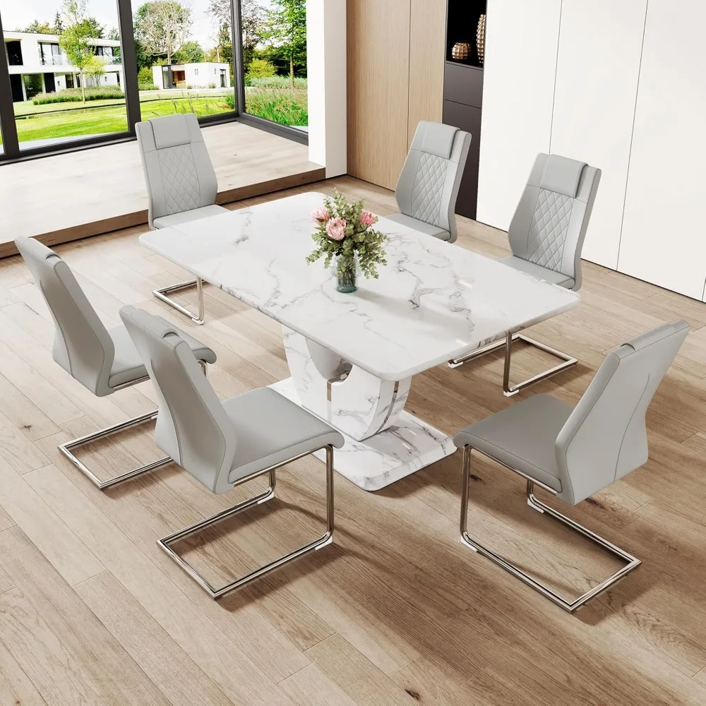 

Dining Table Set for 6, Kitchen Table Chairs Set of 6, Modern Dining Room Set with 63'' Marble Dinner Table PU Leather