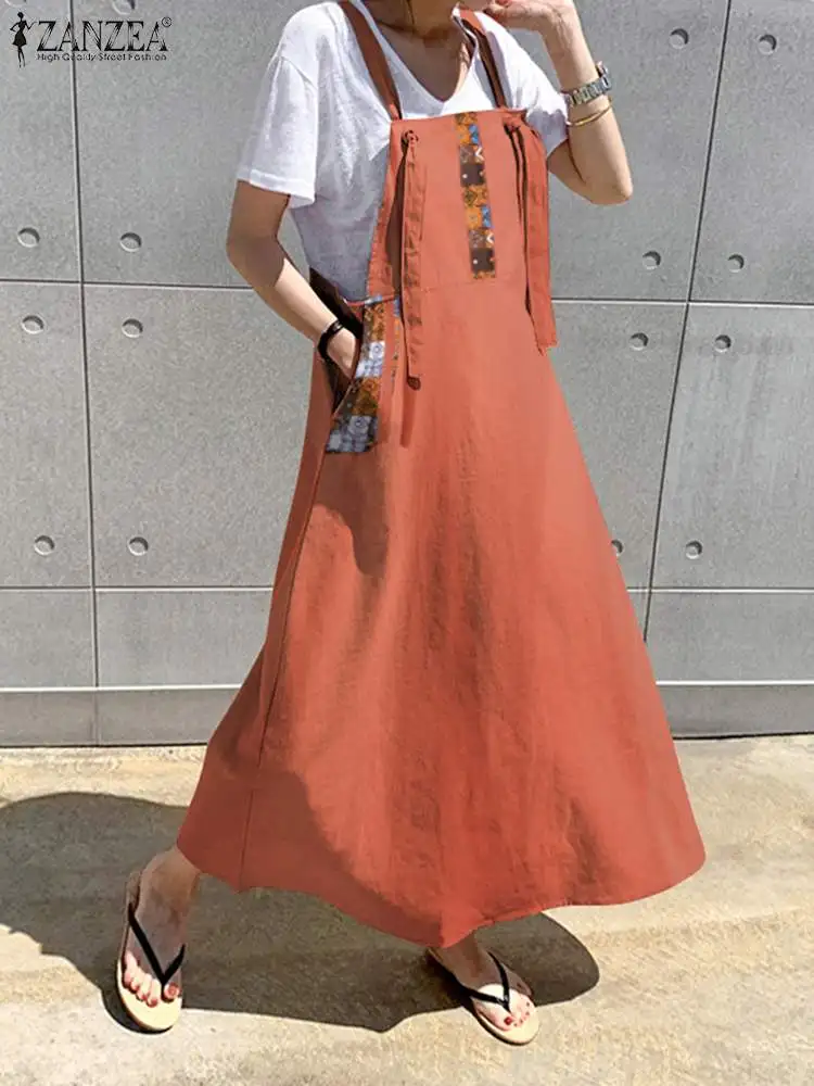 ZANZEA Women Straps Suspender Dress Fashion Korean Cotton Vestidos 2024 Summer All-match Maxi Robe Casual Loose Poket Dresses