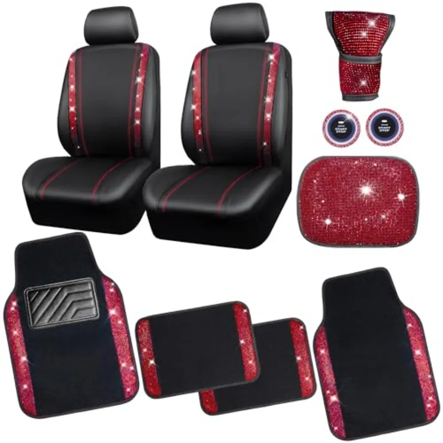 

Rhinestone Red Bling Diamond Car Seat Covers Leather Black Shining Car Floor Mats Carpet with Anti-Slip Nibs Glitter Sparkly Un