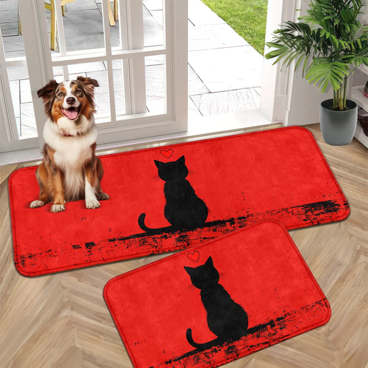 1pc, Black Cat Pattern Doormat, Red Non-slip Washable Knitted Polyester Mat, Suitable for Bathroom, Kitchen, Bedroom, Living R