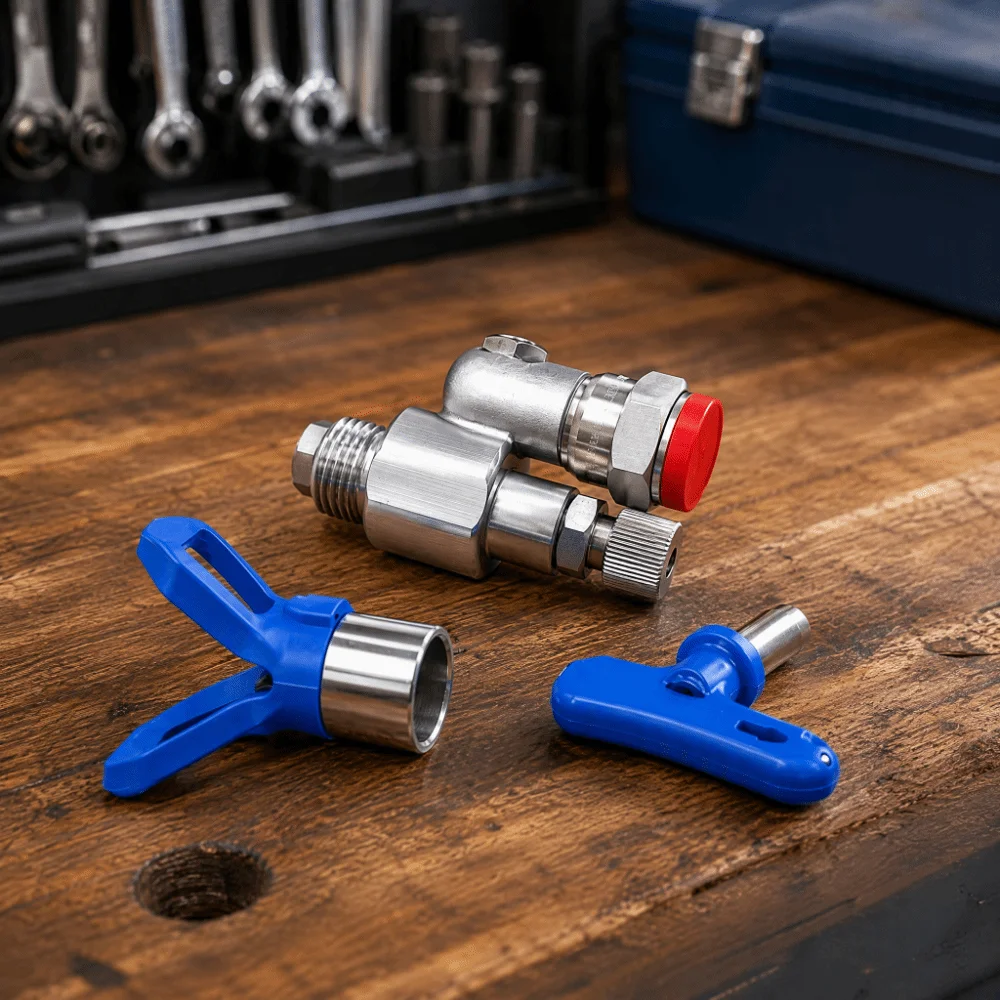 3600 PSI Shut Off Valve 7/8” Size 180° Stainless Steel Anti-Spitting Valve Silver+Blue Alloy Swivel Joint For Paint Sprayers