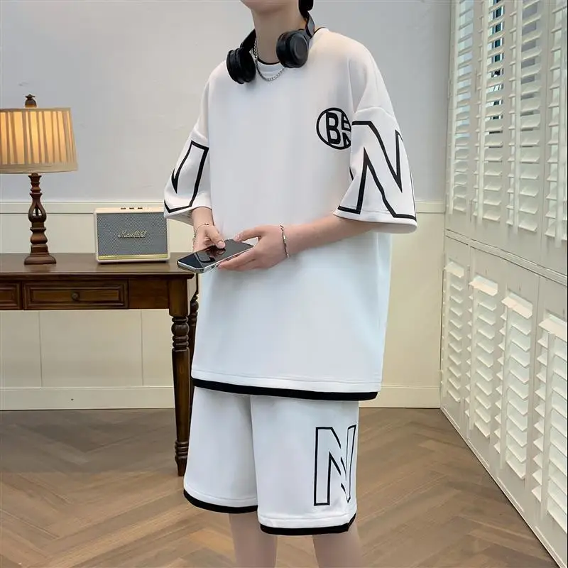 Men Summer Trendy Sport Casual Short Sleeve Shorts Set Loose Plus Size Teenager Stylish Two Piece Set