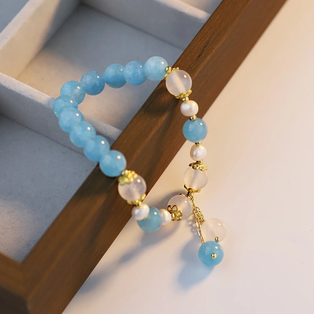 

Fashion Adjustable Bracelet with Aquamarine Stone and Pearl Beads 1pc, Shiny Elegant Jewelry Gift for Women Girls