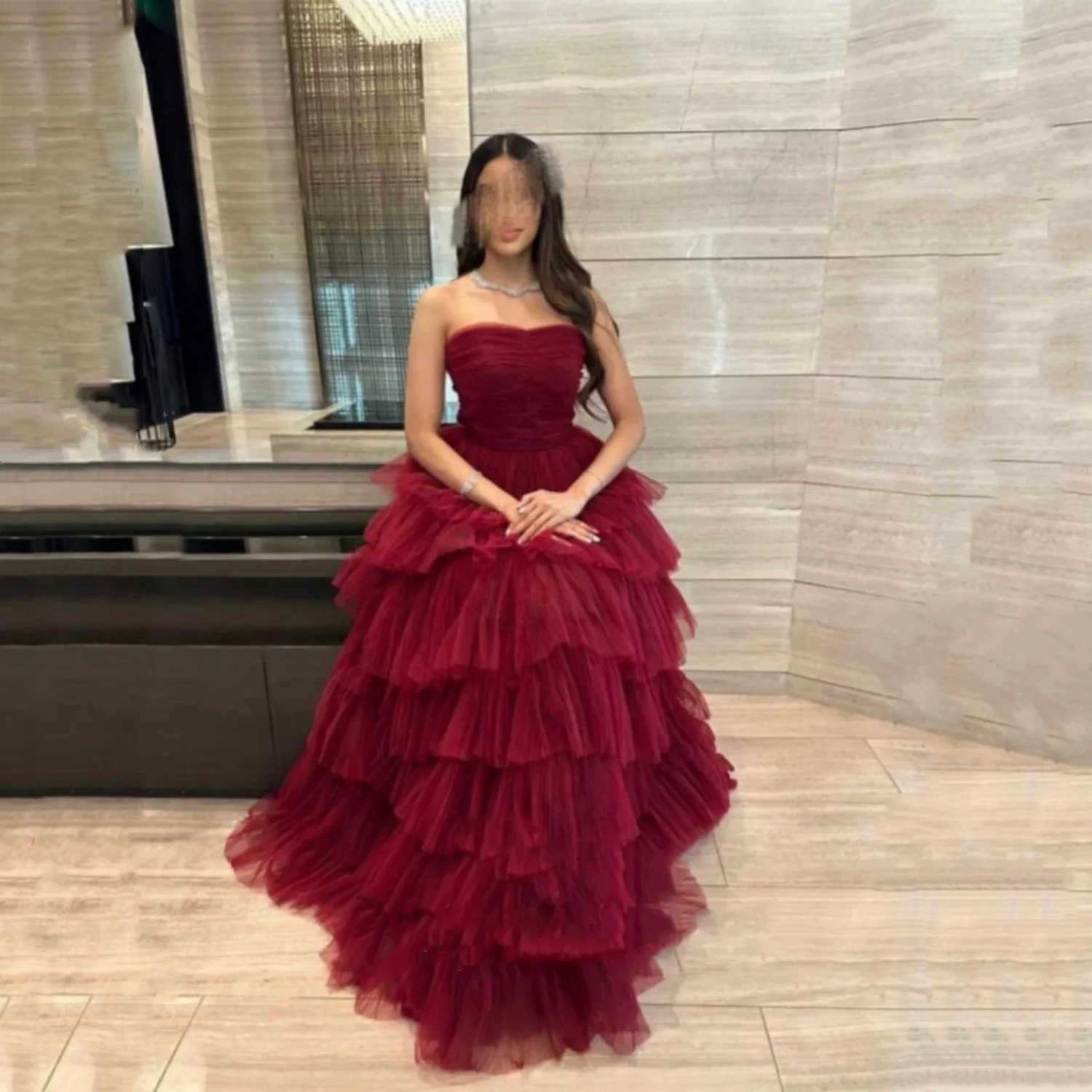 Lorrtta Sweetheart Burgundy Tulle Prom Dress Long Tiered Skirt Retro A-Line Party Dress Simple Class Reunion Dress Customized