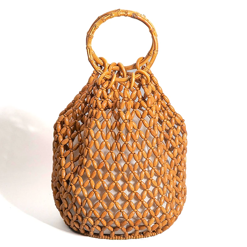 New Fashion Hand Woven Women Handbag Wooden Bead Women Bag Vintage Quality Versatile Hollow Bucket Bag