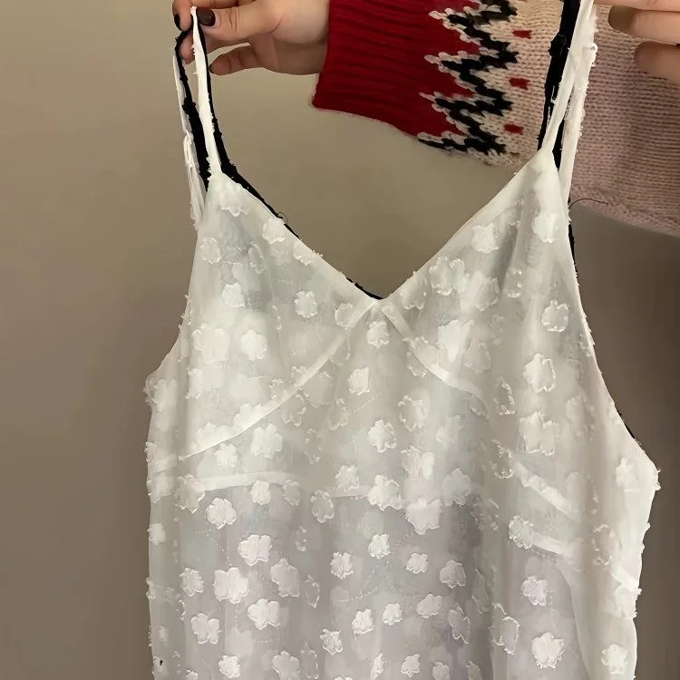 Floral jacquard preto branco chiffon deslizamento vestido primavera verão feminino com decote em v sem mangas vestido em camadas uma peça midi vestido coreano