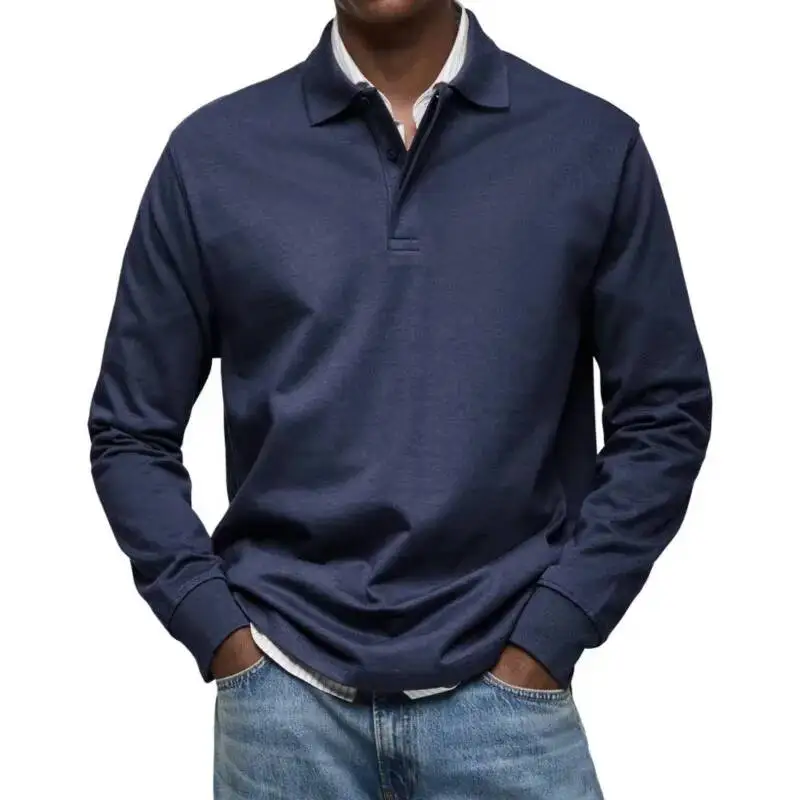 New European American Men's Casual Tees Versatile Long-Sleeved Button-Down Collar Shirt Tops