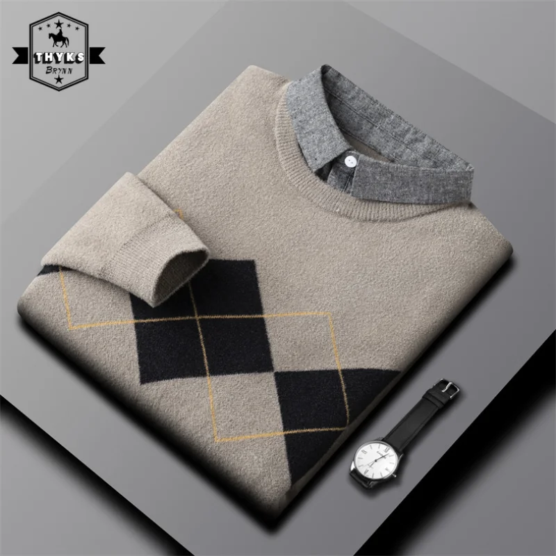 

Men's Retro Geometric Pattern Knitted Sweater Korean Shirt Collar Slim Long Sleeved Pullover Male Harajuku Casual Soft Warm Tops