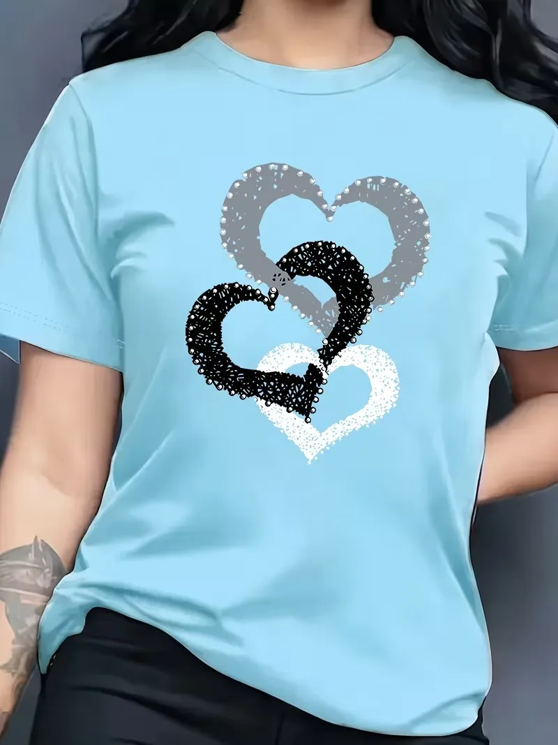 Summer New Three hearts Print Pattern Women's T-shirt Summer Casual Round Neck Short Sleeved Outdoor Sport Casual Women Clothing