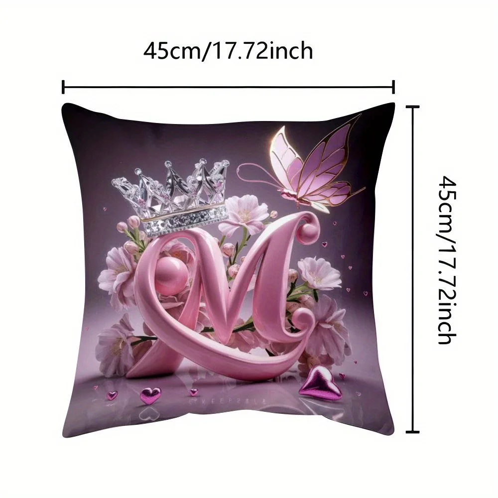 1pc Pink & Purple Floral Pillow Cover 45x45cm – Crowned ‘M’ Monogram, Butterfly, Zipper Closure, Polyester, Machine Washable,