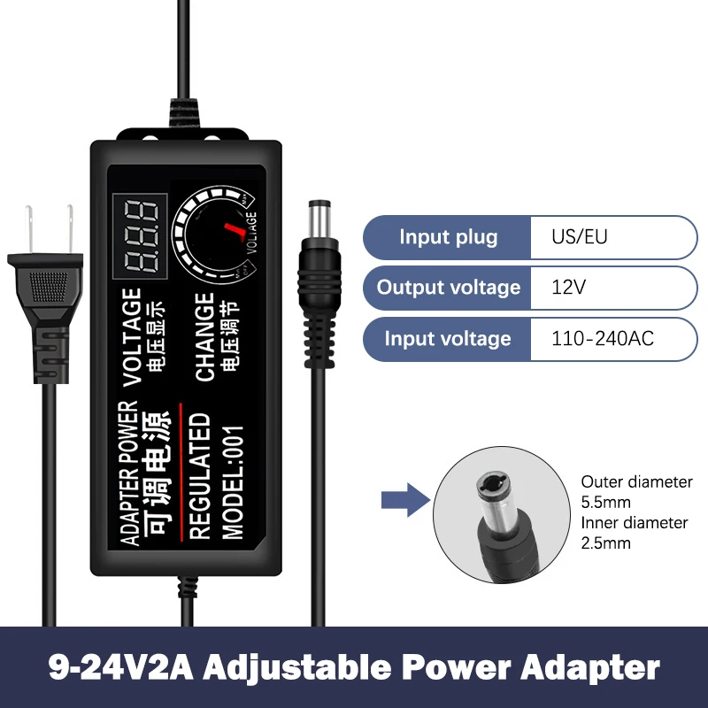 Adjustable Power Supply Adapter AC To 3-12V 9-24V 3-24V 5A 3A Universal Adapter With Display Screen Voltage Regulated US/EU Plug