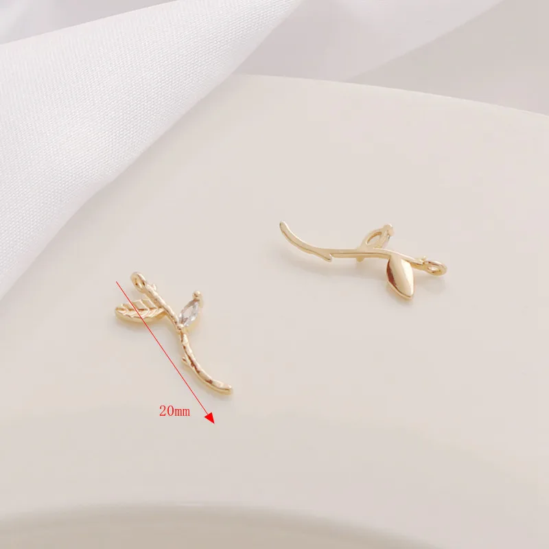 14K Copper Gold Plated Zircon Branch Leaf Pendant DIY Earrings Bracelet Necklace Jewelry Making Accessories